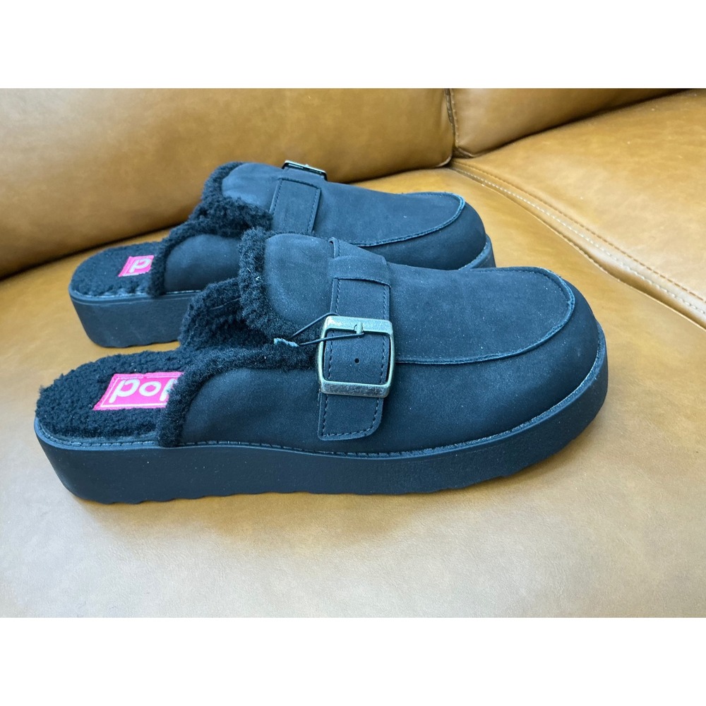 Pop Celica Platform Mules Womens 9 Black Faux Suede Fur Lined Buckle